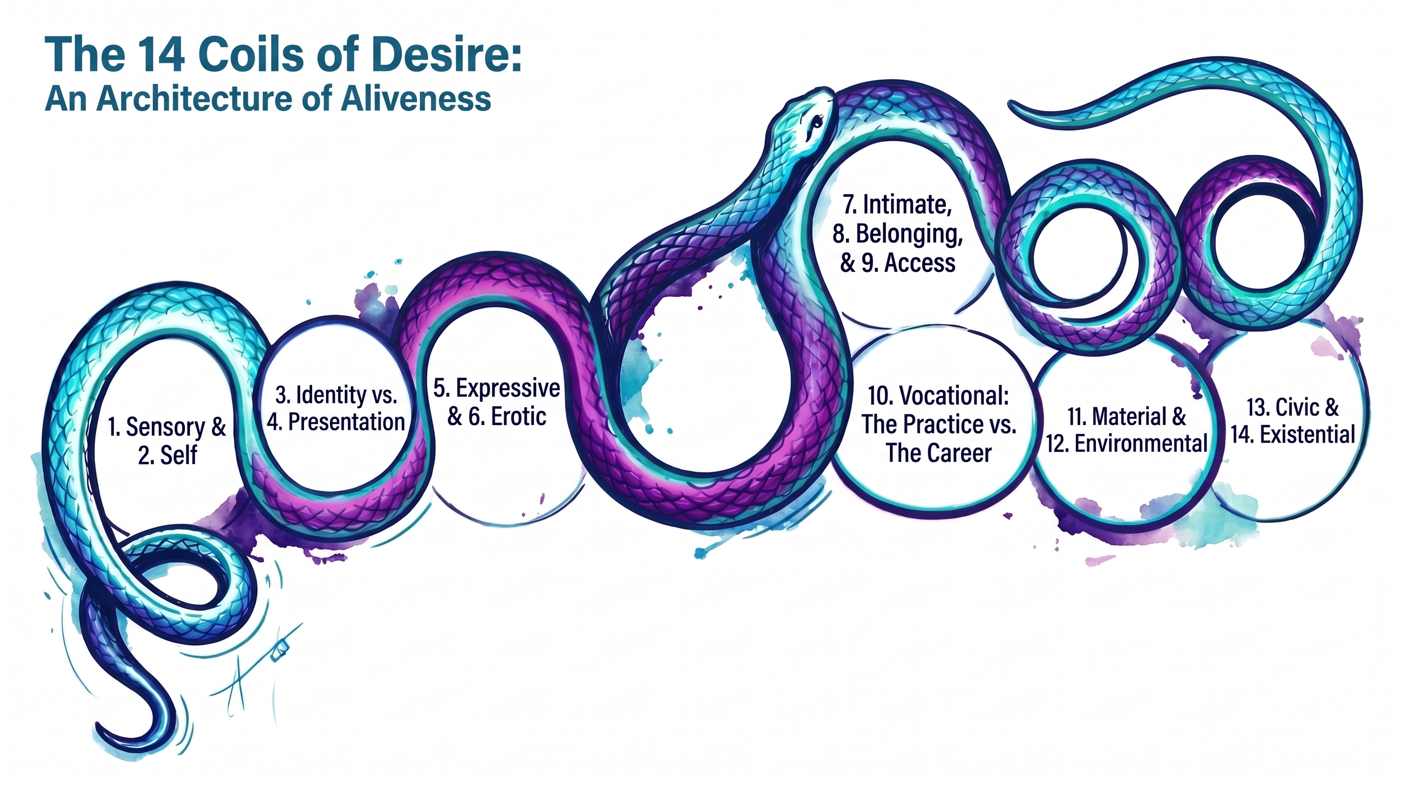 A luminous blue and violet snake looping through the fourteen coils of desire.